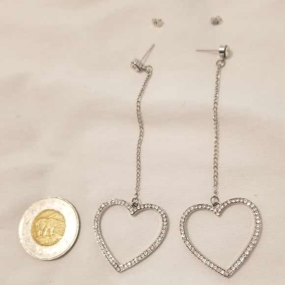 Long Silver Heart Earrings - Picture 2 of 4